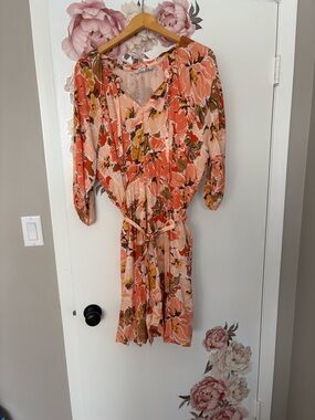 Floral Tie-Waist Women’s Dress in Peach